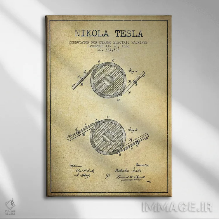 تابلو نقشهٔ اختراع کموتاتور تسلا (قدیمی) اثر پیکسل کهنه (استودیو/نام هنری) - نمای روبهرو روی دیوار