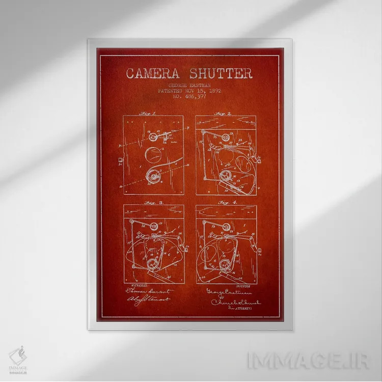 تابلو نقشهٔ اختراع شاتر دوربین (قرمز) اثر پیکسل کهنه (استودیو/نام هنری) - نمای قابدار سفید