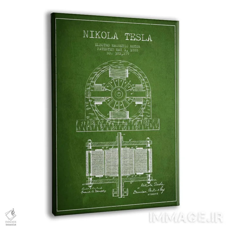 تابلو نقشهٔ اختراع الکتروموتور (سبز) اثر پیکسل کهنه (استودیو/نام هنری) - نمای پرسپکتیو محصول