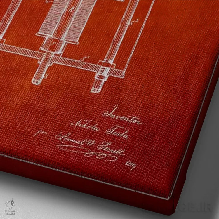 تابلو نقشهٔ اختراع چراغ قوس تسلا (قرمز) اثر پیکسل کهنه (استودیو/نام هنری) - نمای نزدیک بافت بوم