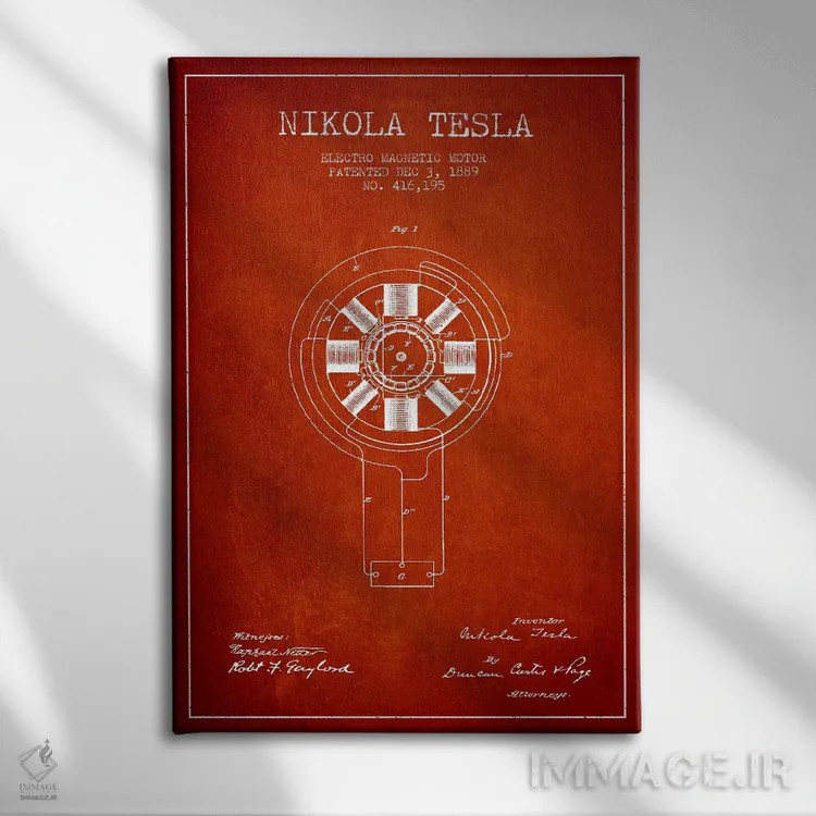 تابلو نقشهٔ اختراع الکترومغناطیس تسلا (قرمز) اثر پیکسل کهنه (استودیو/نام هنری) - نمای روبهرو روی دیوار