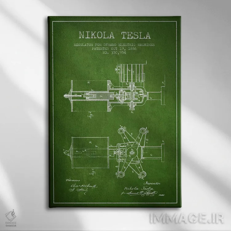 تابلو نقشهٔ اختراع تنظیمکننده تسلا (سبز) اثر پیکسل کهنه (استودیو/نام هنری) - نمای روبهرو روی دیوار