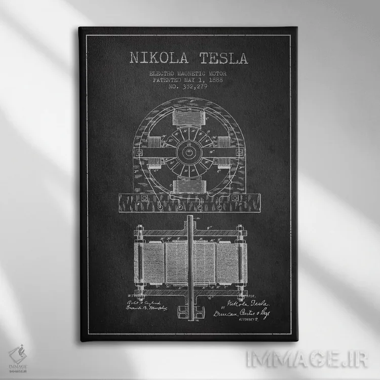 تابلو نقشهٔ اختراع الکتروموتور (ذغالی) اثر پیکسل کهنه (استودیو/نام هنری) - نمای روبهرو روی دیوار