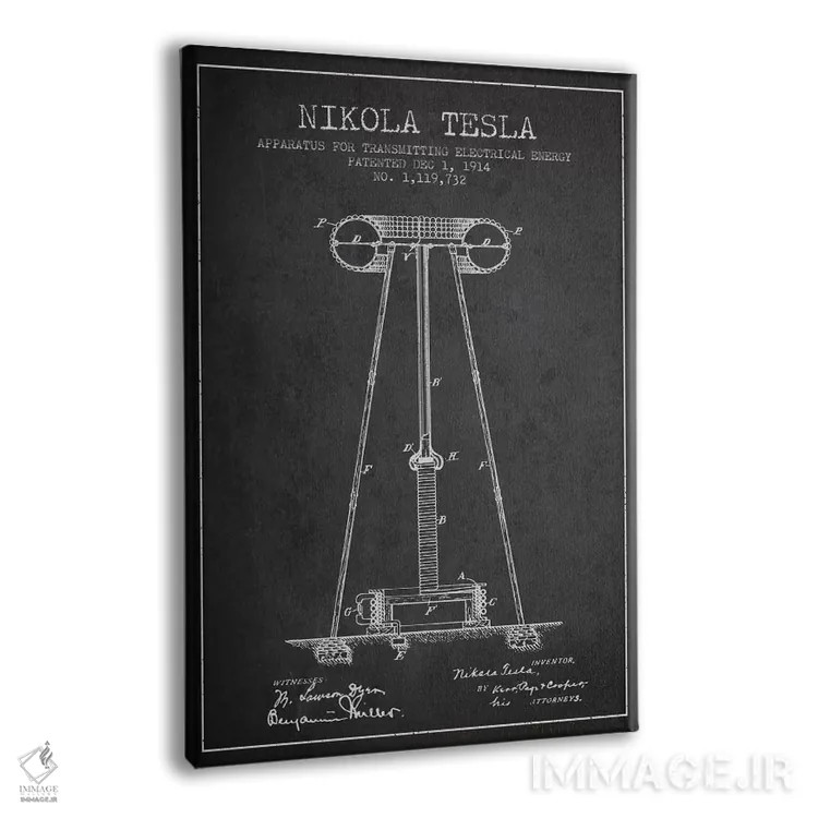 تابلو نقشهٔ اختراع دستگاه انرژی تسلا (ذغالی) اثر پیکسل کهنه (استودیو/نام هنری) - نمای پرسپکتیو محصول