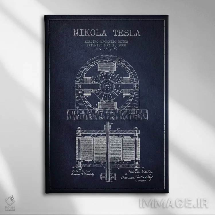 تابلو نقشهٔ اختراع الکتروموتور (سرمهای) اثر پیکسل کهنه (استودیو/نام هنری) - نمای روبهرو روی دیوار