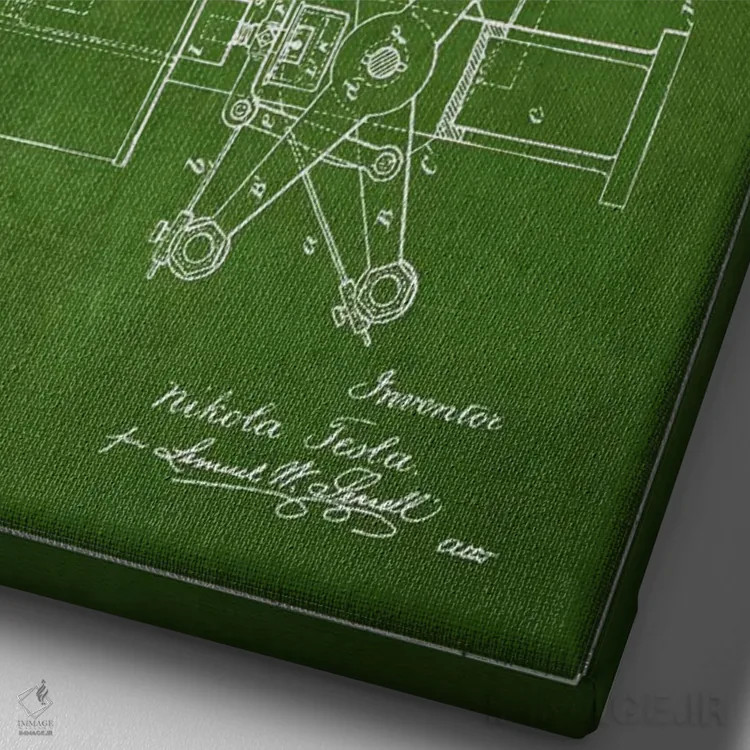 تابلو نقشهٔ اختراع تنظیمکننده تسلا (سبز) اثر پیکسل کهنه (استودیو/نام هنری) - نمای نزدیک بافت بوم