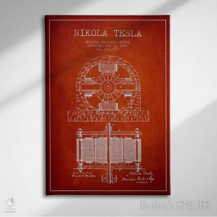 تابلو نقشهٔ اختراع الکتروموتور (قرمز) اثر پیکسل کهنه (استودیو/نام هنری) - نمای روبهرو روی دیوار