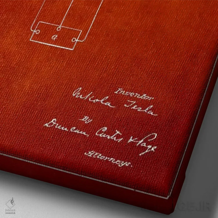 تابلو نقشهٔ اختراع الکترومغناطیس تسلا (قرمز) اثر پیکسل کهنه (استودیو/نام هنری) - نمای نزدیک بافت بوم