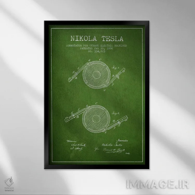تابلو نقشهٔ اختراع کموتاتور تسلا (سبز) اثر پیکسل کهنه (استودیو/نام هنری) - نمای قابدار مشکی