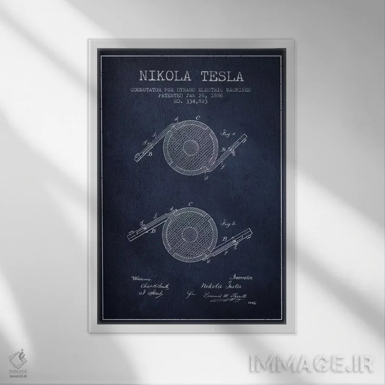 تابلو نقشهٔ اختراع کموتاتور تسلا (سرمهای) اثر پیکسل کهنه (استودیو/نام هنری) - نمای قابدار سفید