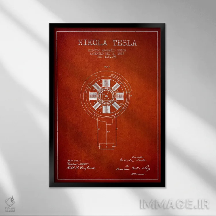 تابلو نقشهٔ اختراع الکترومغناطیس تسلا (قرمز) اثر پیکسل کهنه (استودیو/نام هنری) - نمای قابدار مشکی