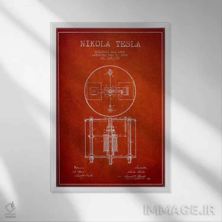 تابلو نقشهٔ اختراع چراغ قوس تسلا (قرمز) اثر پیکسل کهنه (استودیو/نام هنری) - نمای قابدار سفید