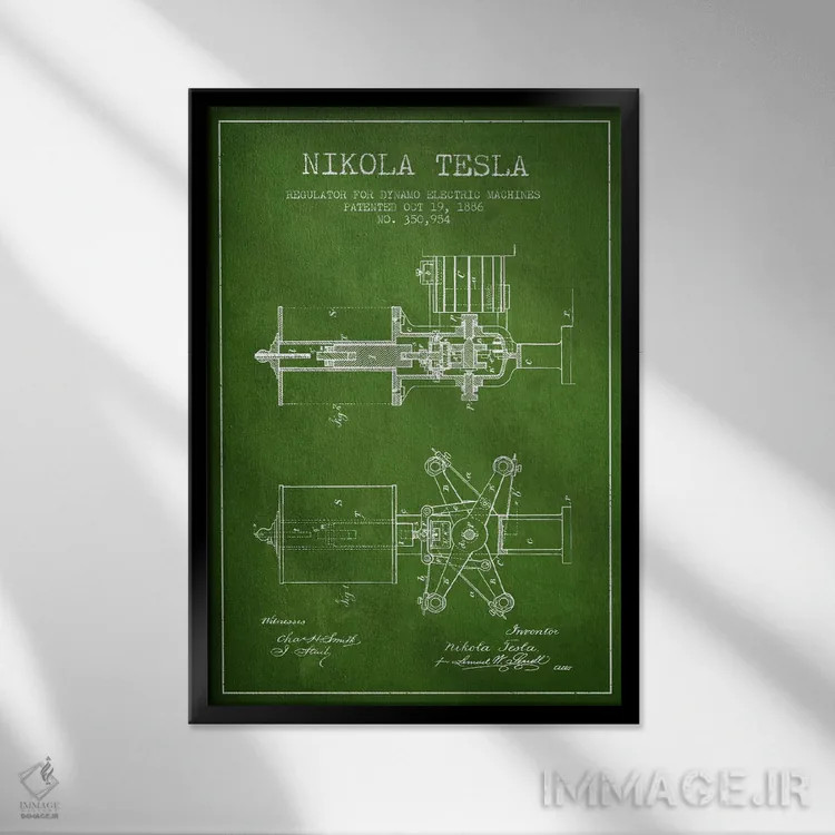 تابلو نقشهٔ اختراع تنظیمکننده تسلا (سبز) اثر پیکسل کهنه (استودیو/نام هنری) - نمای قابدار مشکی