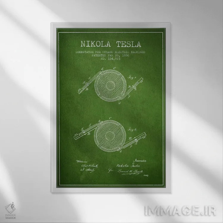 تابلو نقشهٔ اختراع کموتاتور تسلا (سبز) اثر پیکسل کهنه (استودیو/نام هنری) - نمای قابدار سفید