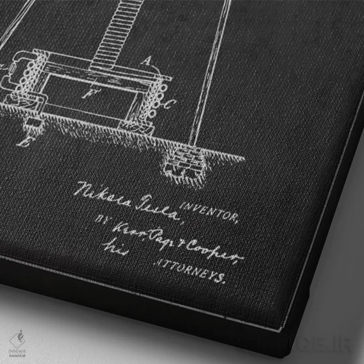 تابلو نقشهٔ اختراع دستگاه انرژی تسلا (ذغالی) اثر پیکسل کهنه (استودیو/نام هنری) - نمای نزدیک بافت بوم