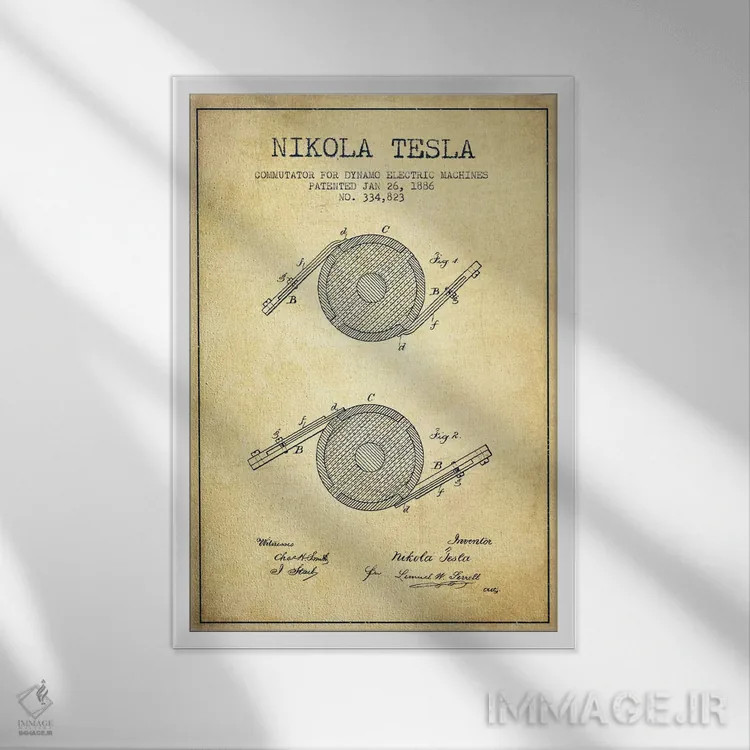 تابلو نقشهٔ اختراع کموتاتور تسلا (قدیمی) اثر پیکسل کهنه (استودیو/نام هنری) - نمای قابدار سفید