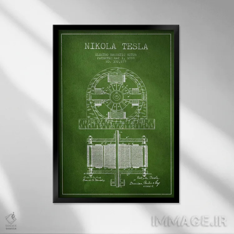 تابلو نقشهٔ اختراع الکتروموتور (سبز) اثر پیکسل کهنه (استودیو/نام هنری) - نمای قابدار مشکی