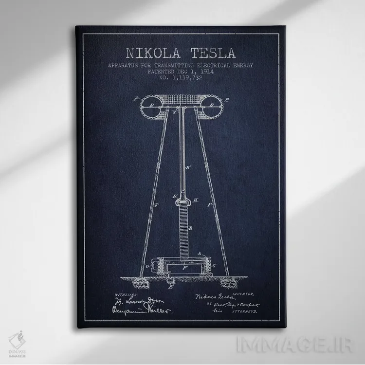 تابلو نقشهٔ اختراع دستگاه انرژی تسلا (سرمهای) اثر پیکسل کهنه (استودیو/نام هنری) - نمای روبهرو روی دیوار