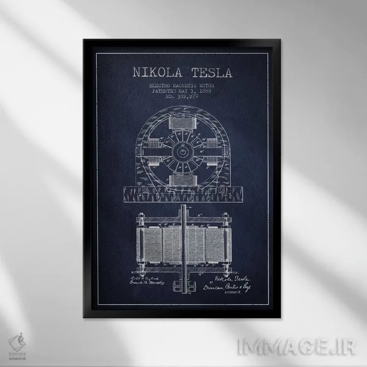 تابلو نقشهٔ اختراع الکتروموتور (سرمهای) اثر پیکسل کهنه (استودیو/نام هنری) - نمای قابدار مشکی