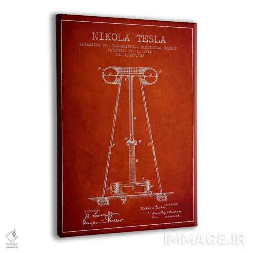 تابلو نقشهٔ اختراع دستگاه انرژی تسلا (قرمز) اثر پیکسل کهنه (استودیو/نام هنری) - نمای پرسپکتیو محصول