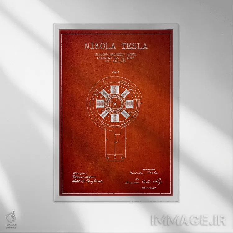تابلو نقشهٔ اختراع الکترومغناطیس تسلا (قرمز) اثر پیکسل کهنه (استودیو/نام هنری) - نمای قابدار سفید