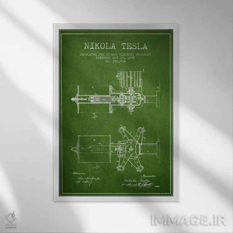 تابلو نقشهٔ اختراع تنظیمکننده تسلا (سبز) اثر پیکسل کهنه (استودیو/نام هنری) - نمای قابدار سفید