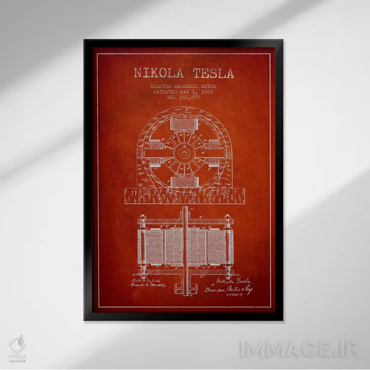تابلو نقشهٔ اختراع الکتروموتور (قرمز) اثر پیکسل کهنه (استودیو/نام هنری) - نمای قابدار مشکی