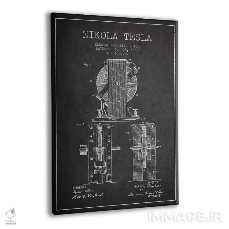 تابلو نقشهٔ اختراع الکتروموتور (ذغالی) اثر پیکسل کهنه (استودیو/نام هنری) - نمای پرسپکتیو محصول