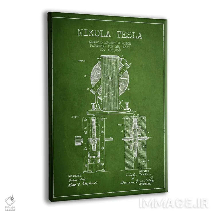 تابلو نقشهٔ اختراع الکتروموتور (سبز) اثر پیکسل کهنه (استودیو/نام هنری) - نمای پرسپکتیو محصول