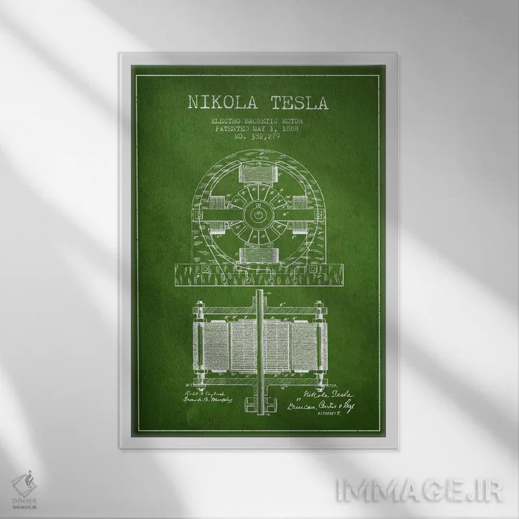 تابلو نقشهٔ اختراع الکتروموتور (سبز) اثر پیکسل کهنه (استودیو/نام هنری) - نمای قابدار سفید