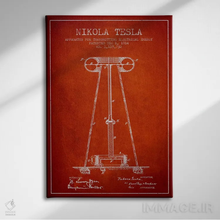 تابلو نقشهٔ اختراع دستگاه انرژی تسلا (قرمز) اثر پیکسل کهنه (استودیو/نام هنری) - نمای روبهرو روی دیوار