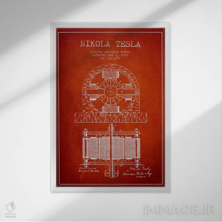 تابلو نقشهٔ اختراع الکتروموتور (قرمز) اثر پیکسل کهنه (استودیو/نام هنری) - نمای قابدار سفید