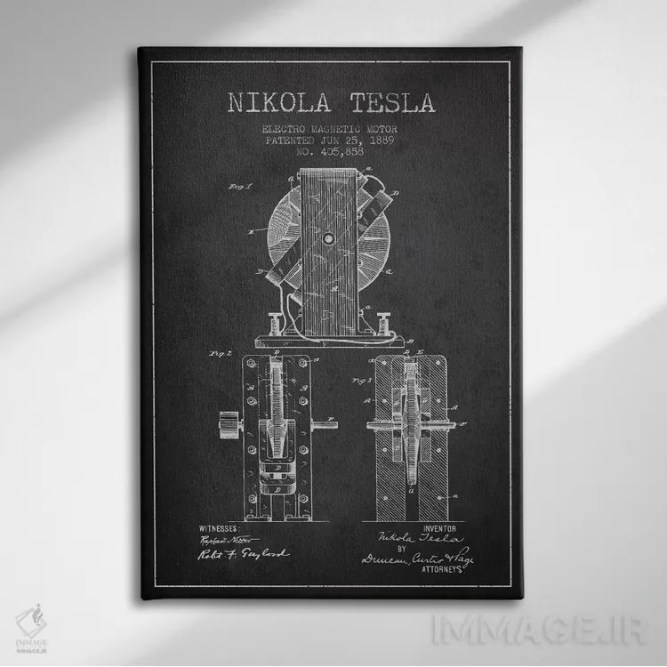 تابلو نقشهٔ اختراع الکتروموتور (ذغالی) اثر پیکسل کهنه (استودیو/نام هنری) - نمای روبهرو روی دیوار