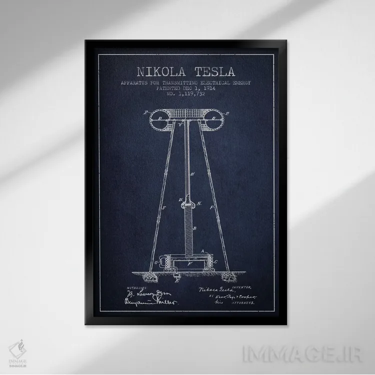 تابلو نقشهٔ اختراع دستگاه انرژی تسلا (سرمهای) اثر پیکسل کهنه (استودیو/نام هنری) - نمای قابدار مشکی