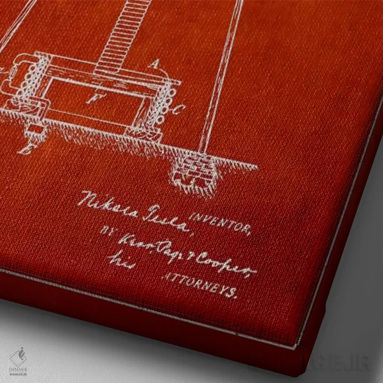 تابلو نقشهٔ اختراع دستگاه انرژی تسلا (قرمز) اثر پیکسل کهنه (استودیو/نام هنری) - نمای نزدیک بافت بوم