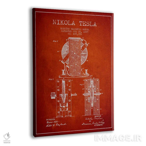 تابلو نقشهٔ اختراع الکتروموتور (قرمز قدیمی) اثر پیکسل کهنه (استودیو/نام هنری) - نمای پرسپکتیو محصول