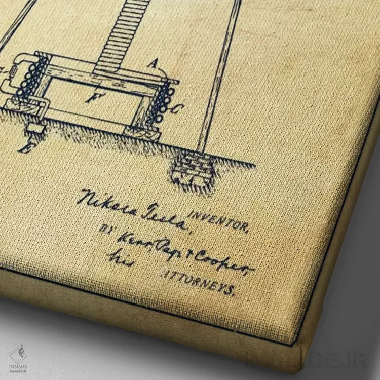 تابلو نقشهٔ اختراع دستگاه انرژی تسلا (قدیمی) اثر پیکسل کهنه (استودیو/نام هنری) - نمای نزدیک بافت بوم