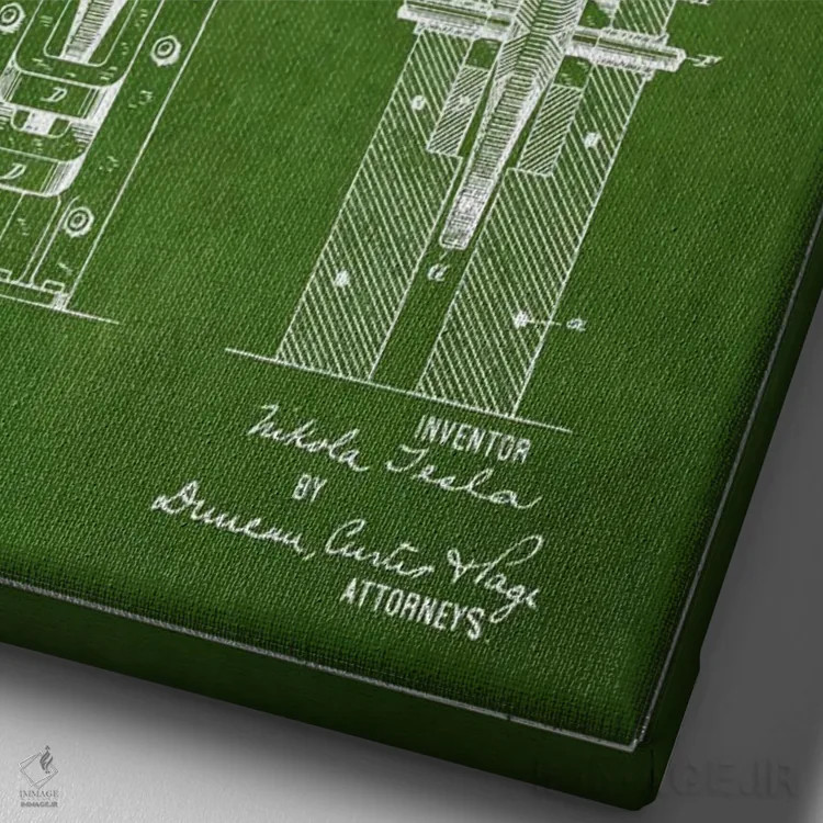 تابلو نقشهٔ اختراع الکتروموتور (سبز) اثر پیکسل کهنه (استودیو/نام هنری) - نمای نزدیک بافت بوم