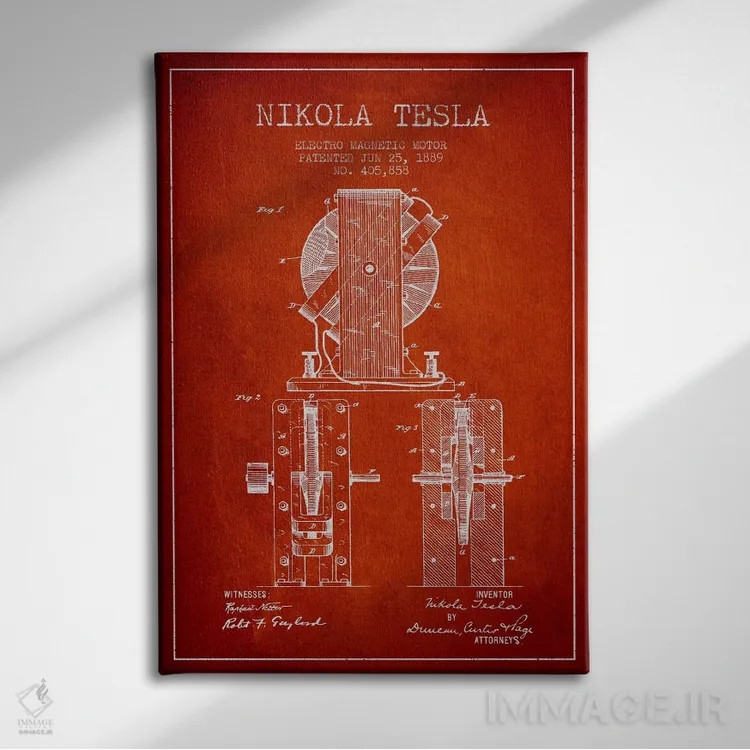 تابلو نقشهٔ اختراع الکتروموتور (قرمز قدیمی) اثر پیکسل کهنه (استودیو/نام هنری) - نمای روبهرو روی دیوار