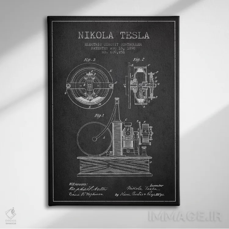 تابلو نقشهٔ اختراع مدار الکتریکی (ذغالی) اثر پیکسل کهنه (استودیو/نام هنری) - نمای روبهرو روی دیوار