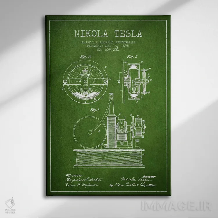 تابلو نقشهٔ اختراع مدار الکتریکی (سبز) اثر پیکسل کهنه (استودیو/نام هنری) - نمای روبهرو روی دیوار