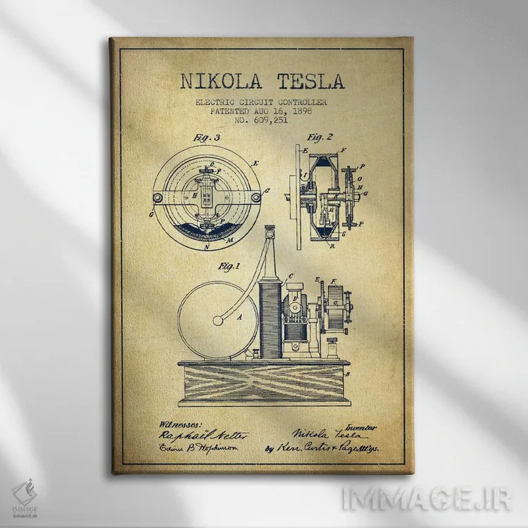 تابلو نقشهٔ اختراع مدار الکتریکی (قدیمی) اثر پیکسل کهنه (استودیو/نام هنری) - نمای روبهرو روی دیوار