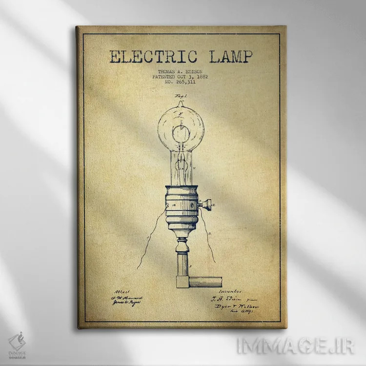 تابلو نقشهٔ اختراع چراغ برقی (قدیمی) اثر پیکسل کهنه (استودیو/نام هنری) - نمای روبهرو روی دیوار