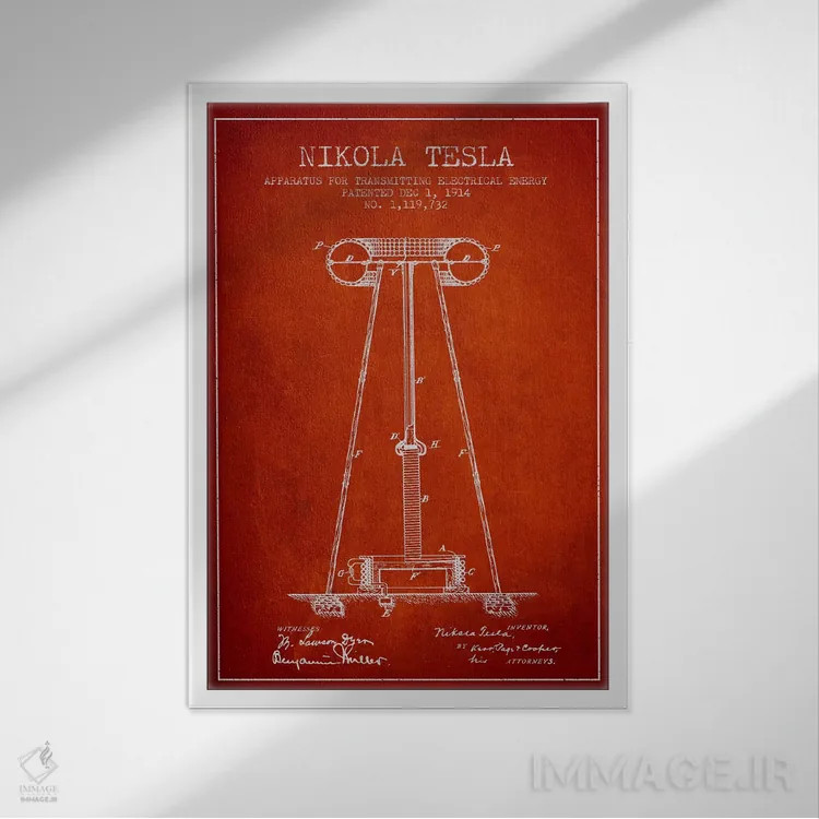 تابلو نقشهٔ اختراع دستگاه انرژی تسلا (قرمز) اثر پیکسل کهنه (استودیو/نام هنری) - نمای قابدار سفید