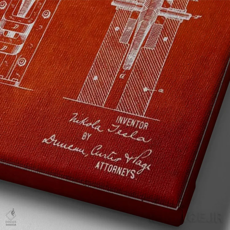 تابلو نقشهٔ اختراع الکتروموتور (قرمز قدیمی) اثر پیکسل کهنه (استودیو/نام هنری) - نمای نزدیک بافت بوم