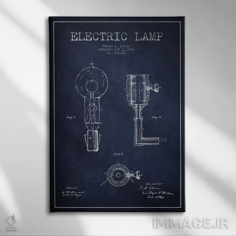 تابلو نقشهٔ اختراع چراغ برقی (سرمهای) اثر پیکسل کهنه (استودیو/نام هنری) - نمای روبهرو روی دیوار