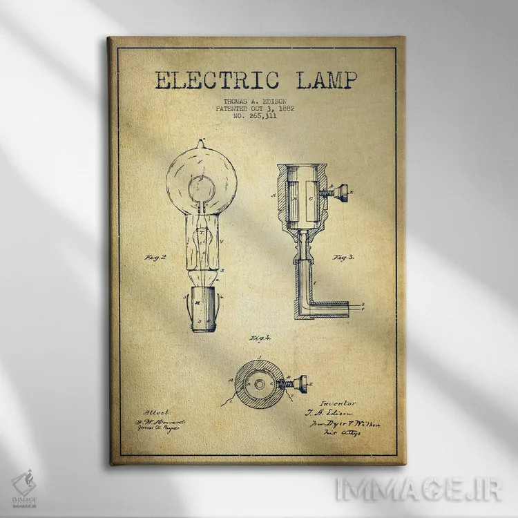 تابلو نقشهٔ اختراع چراغ برقی (قدیمی) اثر پیکسل کهنه (استودیو/نام هنری) - نمای روبهرو روی دیوار