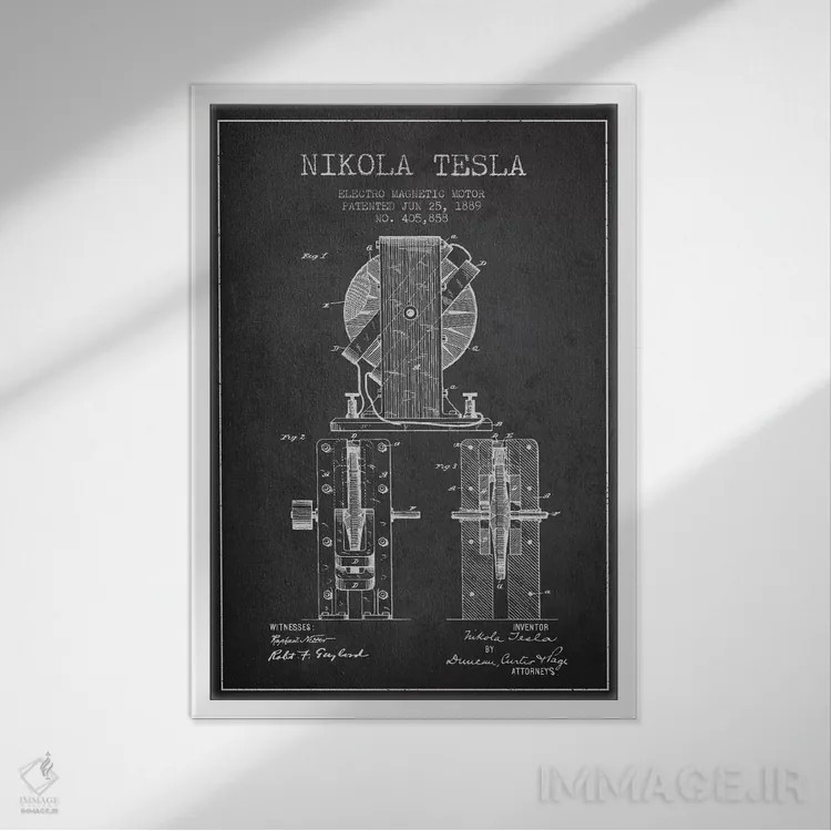 تابلو نقشهٔ اختراع الکتروموتور (ذغالی) اثر پیکسل کهنه (استودیو/نام هنری) - نمای قابدار سفید