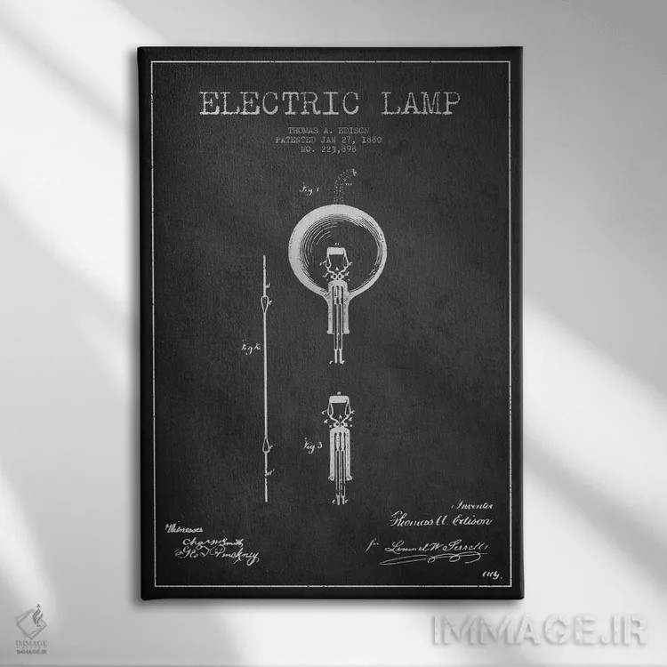 تابلو نقشهٔ اختراع چراغ برقی (ذغالی) اثر پیکسل کهنه (استودیو/نام هنری) - نمای روبهرو روی دیوار