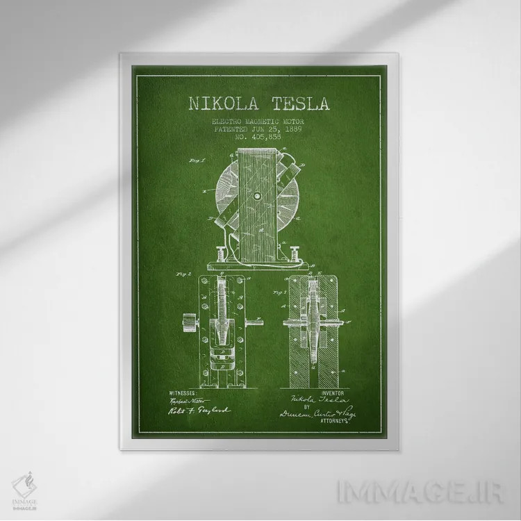 تابلو نقشهٔ اختراع الکتروموتور (سبز) اثر پیکسل کهنه (استودیو/نام هنری) - نمای قابدار سفید